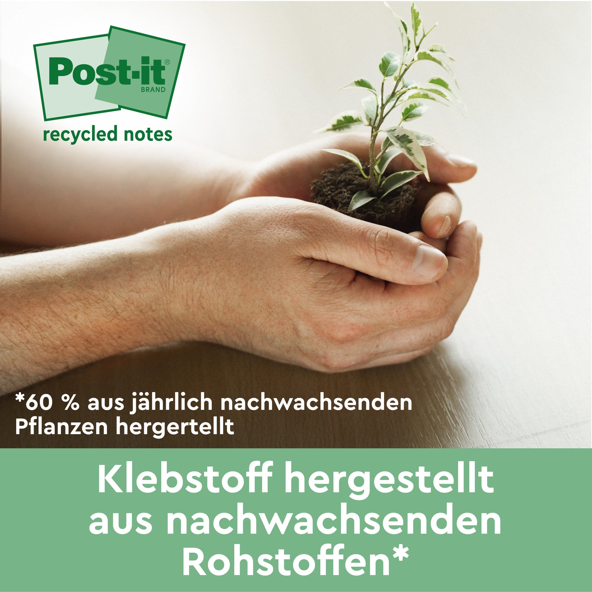 Ein Paar Hände hält eine kleine Pflanze mit Erde. Der deutsche Text lautet: Post-it® Recycling Notes, Gelb, 76 x 127 mm, 100 Blatt/Block, 6 Blöcke/Packung, von 3M Deutschland GmbH - aus 100% PEFC-zertifiziertem Papier.