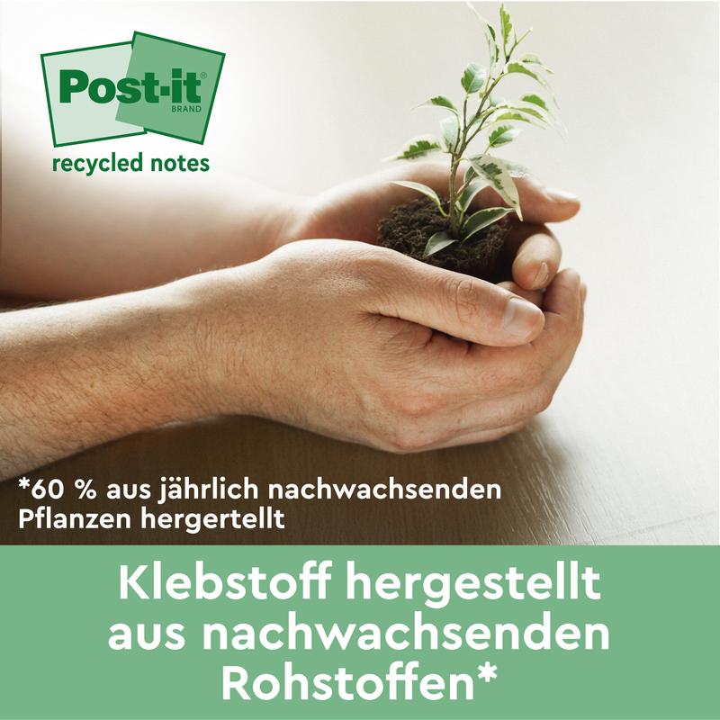 Une paire de mains tient une petite plante avec de la terre. Le texte allemand fait la promotion des Post-it® Super Sticky 100% Notes Recyclées (76x76mm, 70 feuilles, PEFC) de 3M et met en avant leur adhésif à base de ressources annuellement renouvelables.