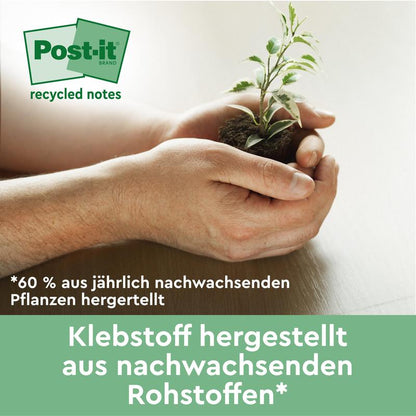 Une paire de mains tient une petite plante avec de la terre. Le texte allemand fait la promotion des Post-it® Super Sticky 100% Notes Recyclées (76x76mm, 70 feuilles, PEFC) de 3M et met en avant leur adhésif à base de ressources annuellement renouvelables.