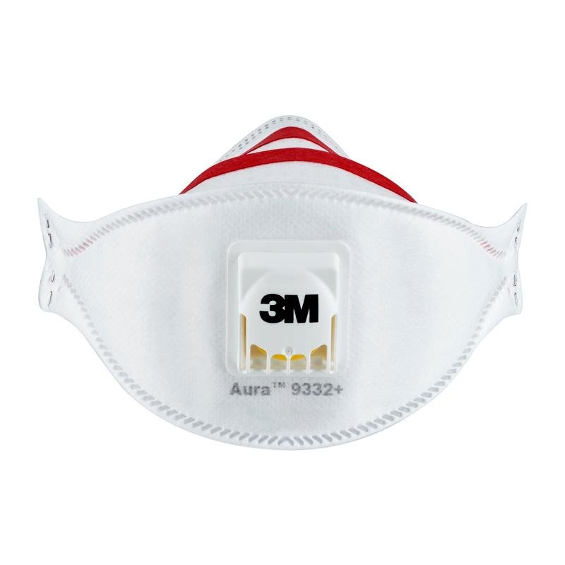 Vue de face du masque respiratoire à particules 3M™ Aura™ Comfort Cool Flow™ 9332+, FFP3, de 3M Deutschland GmbH, avec valve centrale, coutures visibles, bandes rouges et informations de marque et de modèle imprimées.