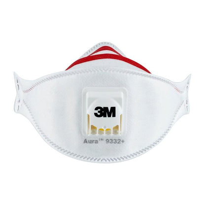 Vue de face du masque respiratoire à particules 3M™ Aura™ Comfort Cool Flow™ 9332+, FFP3, de 3M Deutschland GmbH, avec valve centrale, coutures visibles, bandes rouges et informations de marque et de modèle imprimées.