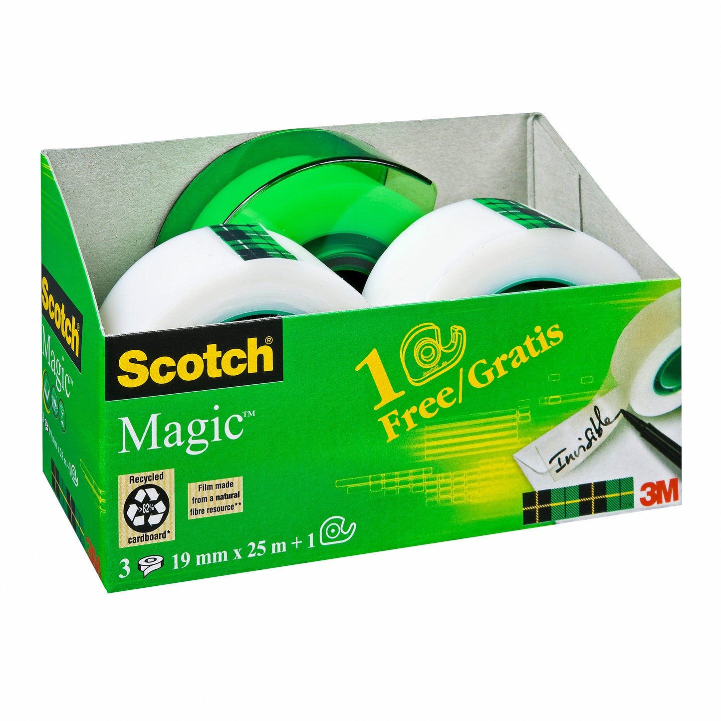 Un paquet de ruban adhésif invisible 3M Scotch® Magic™, 3 rouleaux (19 mm x 25 m) plus un dévidoir manuel vert gratuit dans un emballage vert-jaune avec des symboles de recyclage et "1 rouleau gratuit". Marque : 3M Deutschland GmbH.