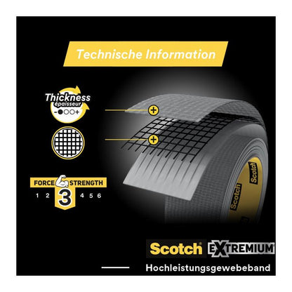 Un rouleau de ruban adhésif Scotch® Universal 2904 (25 m x 48 mm) de 3M Deutschland GmbH est représenté avec une découpe montrant la grille renforcée. Le graphique évalue la résistance à 3 sur 6. Le texte apparaît en allemand et en anglais.