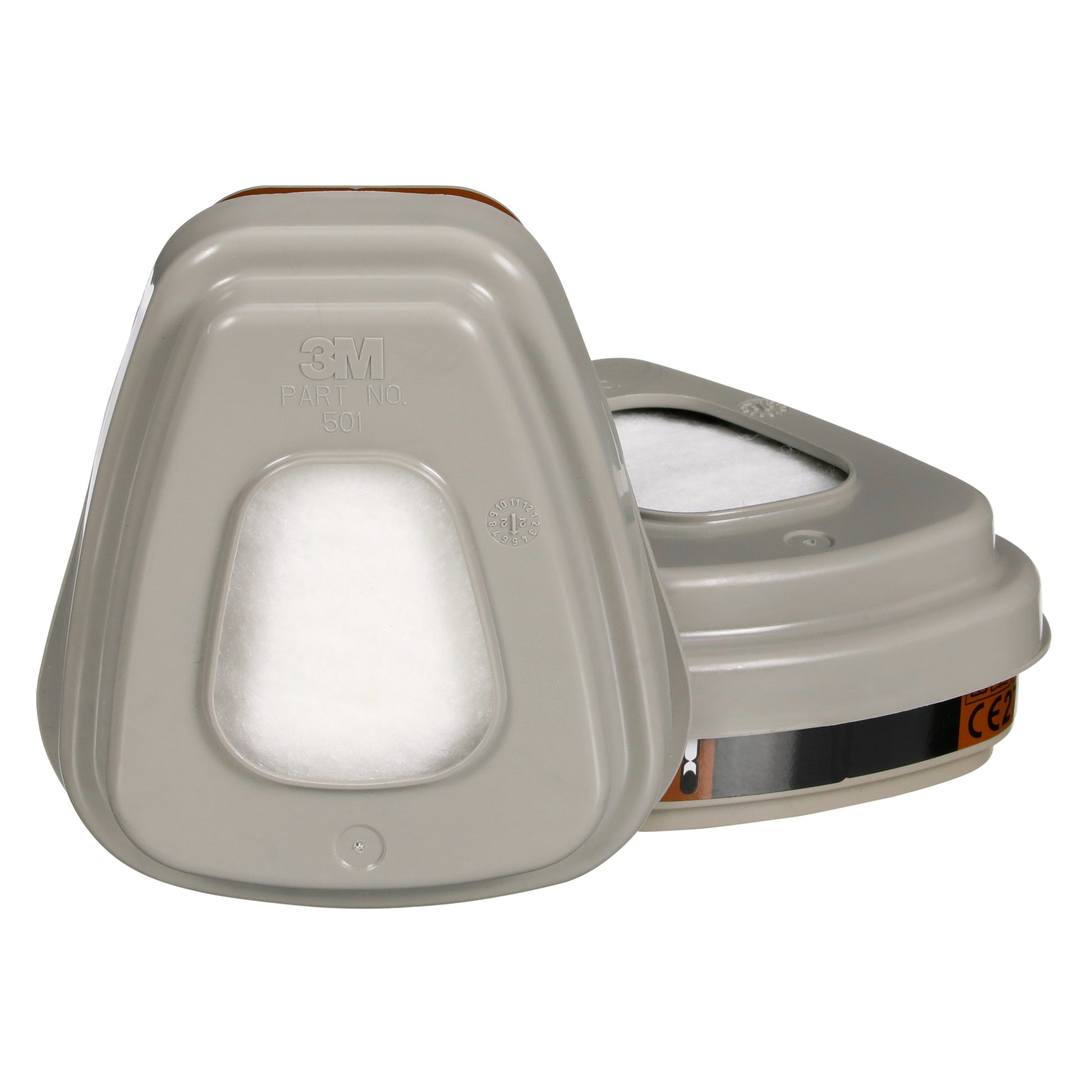 Abgebildet sind zwei graue 3M™ Filtersatz 6002-1 Atemschutzfilterpatronen (A2P2, 2x6055, 2x5925, 2x501) der 3M Deutschland GmbH auf weißem Hintergrund - eine liegt flach, die andere ist leicht nach hinten geneigt.