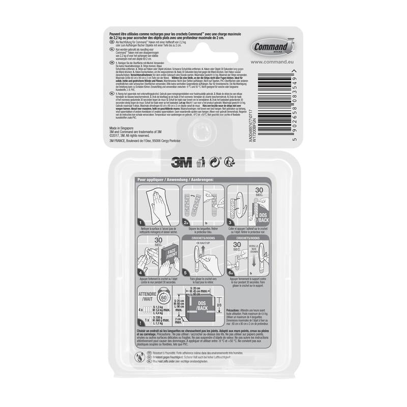 Dos du Multipack Command™ bandes résistantes à l'eau (8×S, 4×M, 4×L) de 3M Deutschland GmbH. Affiche le code-barres, les logos 3M/Command, les instructions en français/anglais et les diagrammes pour l'utilisation/retrait-fixation sans perçage.