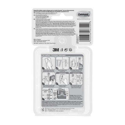 Dos du Multipack Command™ bandes résistantes à l'eau (8×S, 4×M, 4×L) de 3M Deutschland GmbH. Affiche le code-barres, les logos 3M/Command, les instructions en français/anglais et les diagrammes pour l'utilisation/retrait-fixation sans perçage.