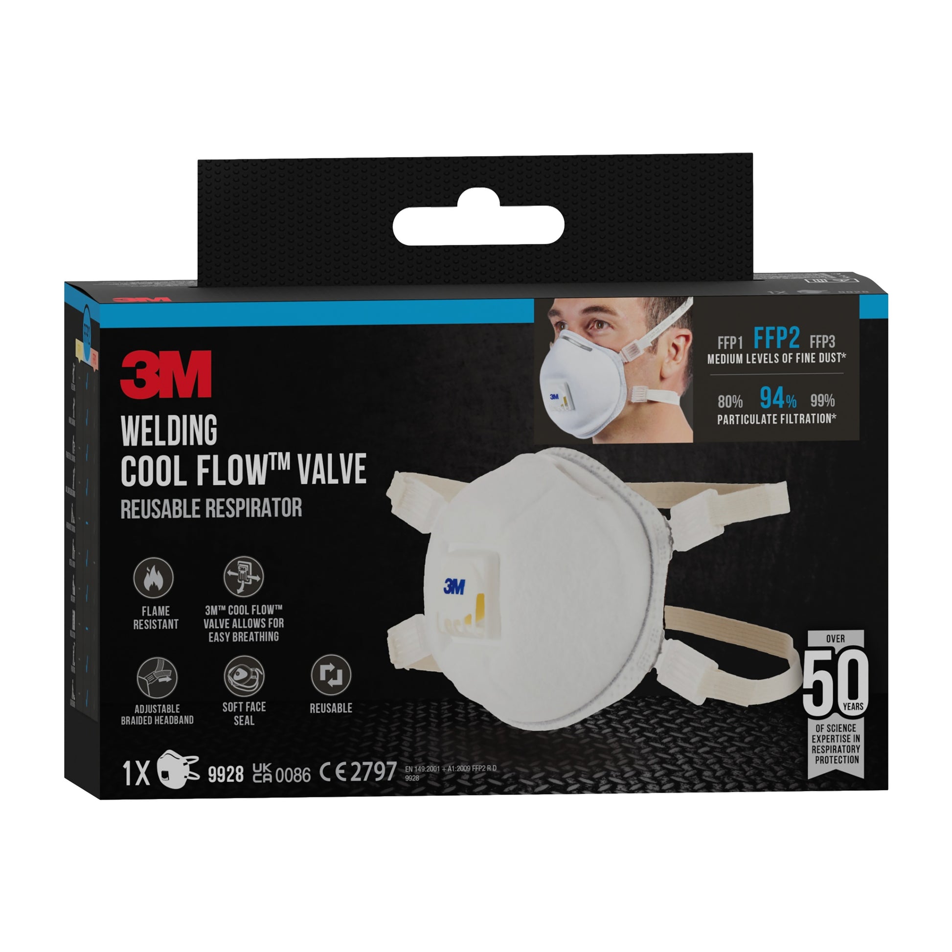 A 3M™ Cool Flow™ Partikelmaske 9928 für Schweißarbeiten mit Ventil (1 Stück) von 3M Deutschland GmbH, inklusive Produktbild, Person mit Maske und Hinweisen auf FFP1/FFP2/FFP3-Schutz sowie über 50-facher Wiederverwendbarkeit.