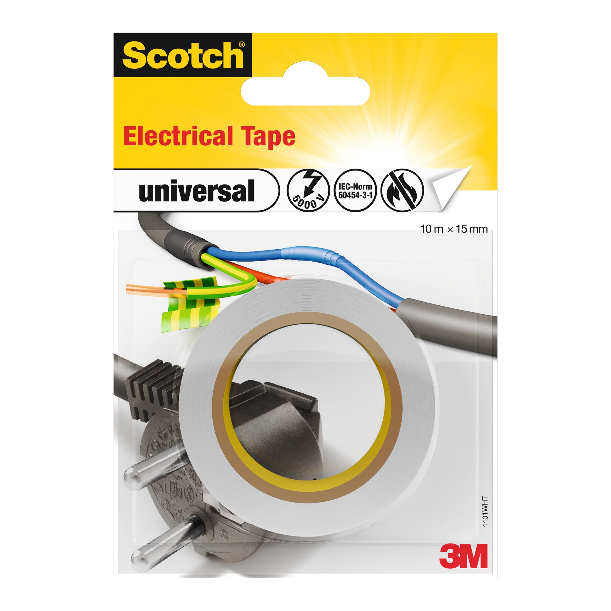 Eine Packung Scotch® Isolierband universal von 3M Deutschland GmbH, 1 Rolle (10 m x 15 mm), abgebildet mit einer Klebebandrolle, elektrischen Drähten und einem Stecker auf dem Etikett.