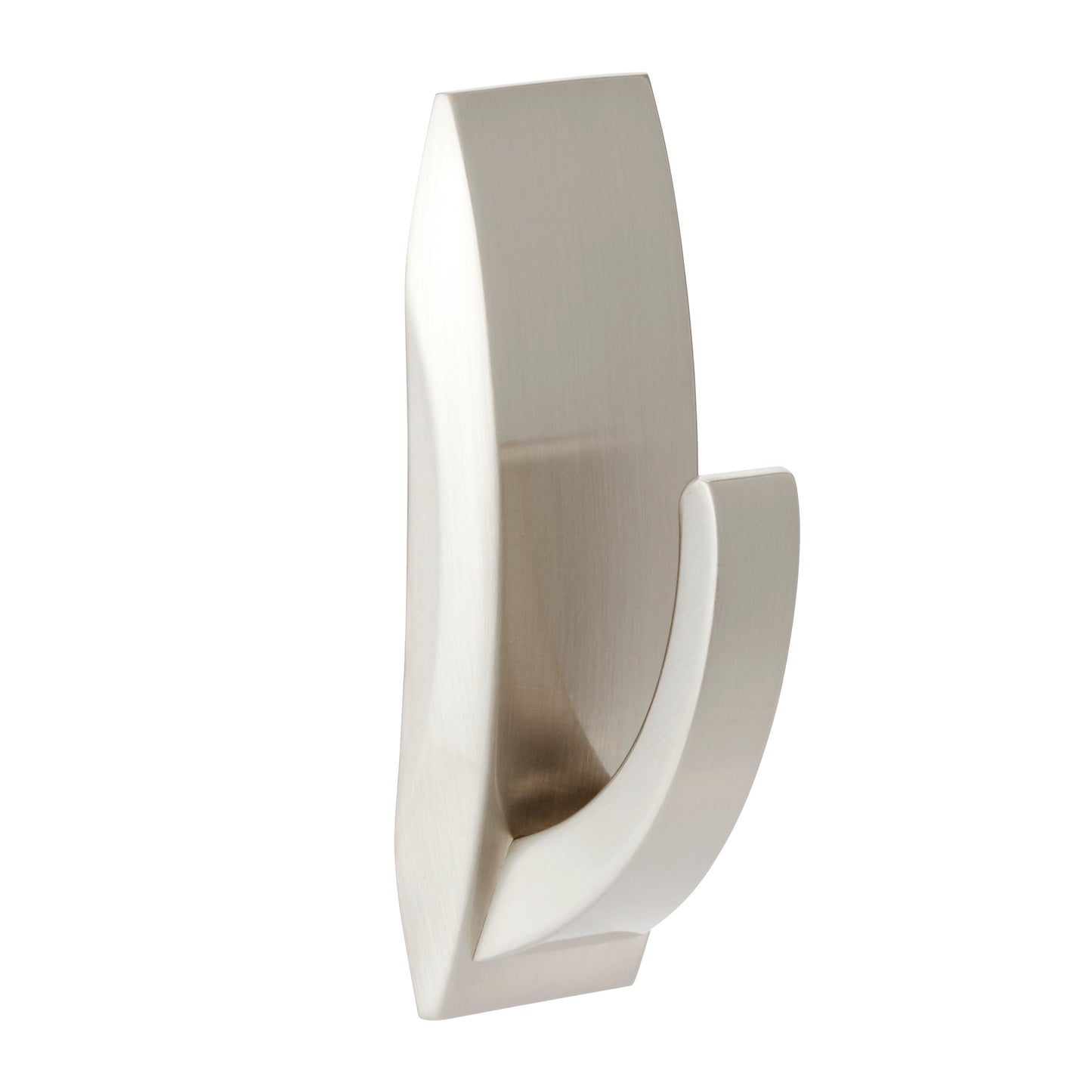 Der Command™ Bad Metallhaken "Modern Reflection" von 3M Deutschland GmbH zeichnet sich durch ein modernes, geschwungenes Design in gebürstetem Nickel mit mattem Finish aus, das vor einem schlichten weißen Hintergrund gezeigt wird.