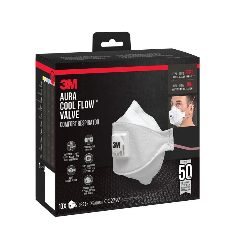 Une boîte avec 10 masques anti-particules 3M™ Aura™ Comfort Cool Flow™ 9332+ FFP3 de 3M Deutschland GmbH, avec une illustration du masque, une personne le portant, et des détails sur la protection et le confort avec une valve pour une respiration facilitée.