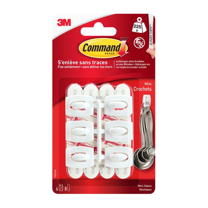 Le crochet mini Command™ 17006 de 3M Deutschland GmbH contient six crochets blancs avec des bandes adhésives pour une suspension sans dommage et sans perçage. Amovible sans laisser de résidus; livré dans un emballage rouge et blanc.
