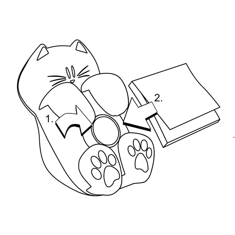 Dessin au trait d'un distributeur de notes Z Post-it® blanc en forme de chat de la société 3M Allemagne, étiqueté "1", tenant un objet rond, avec une flèche pointant vers la droite sur des notes Z Super Sticky roses pliées Post-it®, étiquetées "2".