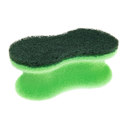 Un gros plan de l'éponge de nettoyage Scotch-Brite® Classic de 3M Deutschland GmbH avec une éponge verte et une éponge abrasive vert foncé, isolée sur un fond blanc.