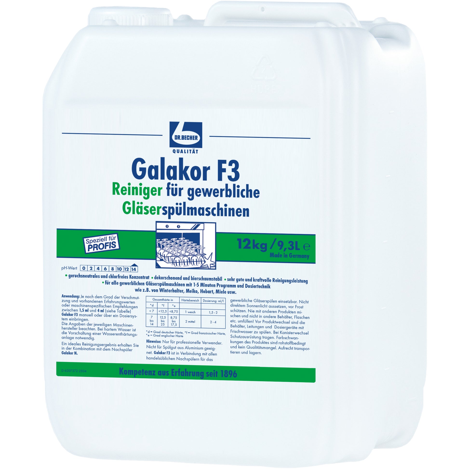12 kg (9300 ml) weißer Kunststoffkanister Dr. Becher Galakor F3 Glaspülmaschinen-Reiniger der Dr. Becher GmbH, beschriftet mit blauer und grüner Schrift und Diagrammen für handelsübliche Gläserspülmaschinen.