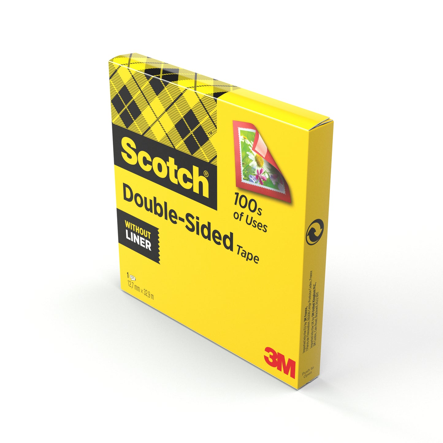 Eine gelbe Schachtel Scotch® doppelseitiges Klebeband (1 Rolle, 12 mm x 33 m) der 3M Deutschland GmbH ist mit schwarzer Schrift, einem karierten Design, einer Montageillustration und den Hinweisen "100s of Uses" und "Without Liner" versehen.