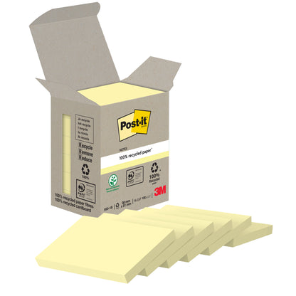 Eine geöffnete Schachtel Post-it® Recycling Notes (38 mm x 51 mm, 100 Blatt/Block, 100% PEFC) der 3M Deutschland GmbH zeigt fünf gelbe Blöcke, die teilweise herausgezogen sind. Auf der Schachtel sind das 3M-Logo und Recycling-Symbole abgebildet.