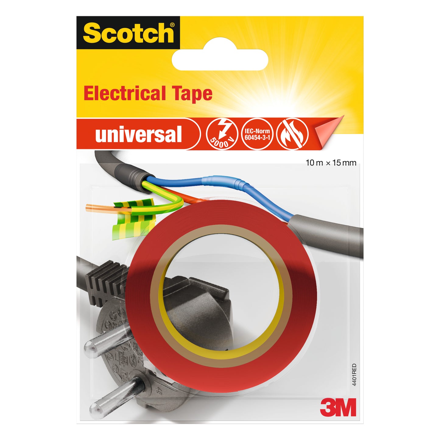 Eine Verpackung von Scotch® Isolierband universal, 10 m x 15 mm (1 Rolle), von 3M Deutschland GmbH, mit rotem Klebeband über einem Netzstecker und freiliegenden Kabeln. Auf der Verpackung sind die Logos von Scotch und 3M abgebildet.