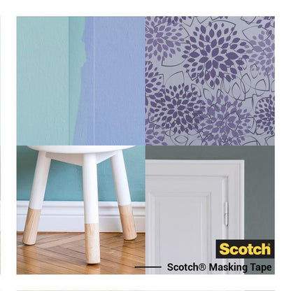Un collage montre des bords de mur peints propres, une chaise avec des pieds peints, un papier peint à motifs et une porte blanche - tout réalisé avec du Scotch® ruban de masquage pour surfaces délicates (36 mm x 41 m) de 3M Deutschland GmbH. Logo en bas à droite.
