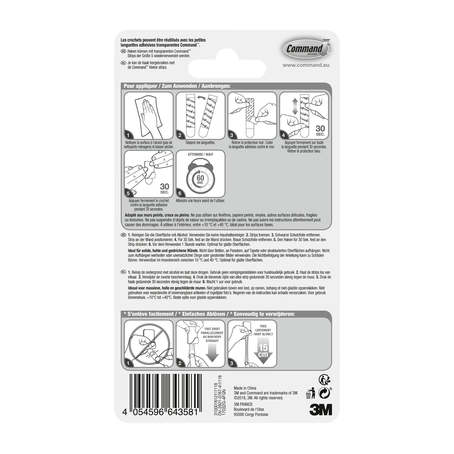 Auf der Rückseite des Command™ Metallhakens Größe S, Goldfarbe, 17032BR-4ES (4 Haken, 5 Streifen) von 3M Deutschland GmbH befinden sich eine bebilderte Anleitung, mehrsprachiger Text, Warnhinweise, ein Barcode und Firmeninformationen zum Anbringen/Entfernen der Haken.