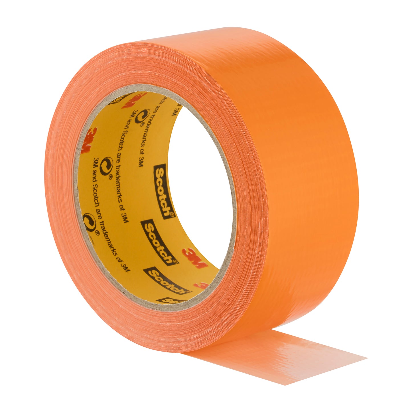 Eine Rolle Scotch® High Visibility Klebeband, orange, 25 m x 48 mm (6 Stk./Packung) von 3M Deutschland GmbH, mit glänzender Oberfläche und eingebranntem Innenkern, ist ideal für gut sichtbare Sicherheitsanwendungen.