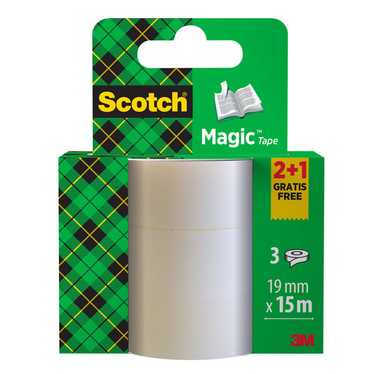 Die Scotch® Magic™ Unsichtbares Klebeband Aktionspackung (3M Deutschland GmbH) enthält 2 Rollen + 1 GRATIS-Rolle à 19 mm x 15 m - ideal für Bastelprojekte oder Büro, mit grün-gelber Verpackung und "2+1 gratis"-Hinweis.