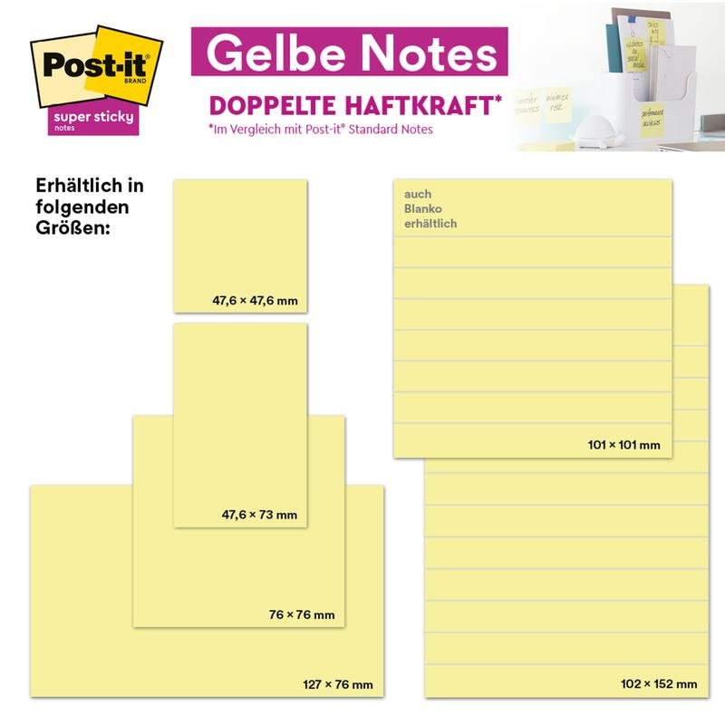 Image publicitaire pour les Post-it® Super Sticky Notes de 3M Allemagne GmbH, 76 x 127 mm, 90 feuilles/bloc, 100% PEFC, avec des photos de produit et d'emballage. D'autres tailles disponibles sont : 47,6 x 47,6 mm, 47,6 x 73 mm, et 101 x 101 mm.