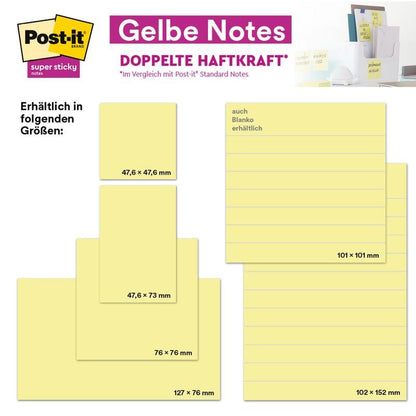 Image publicitaire pour les Post-it® Super Sticky Notes de 3M Allemagne GmbH, 76 x 127 mm, 90 feuilles/bloc, 100% PEFC, avec des photos de produit et d'emballage. D'autres tailles disponibles sont : 47,6 x 47,6 mm, 47,6 x 73 mm, et 101 x 101 mm.