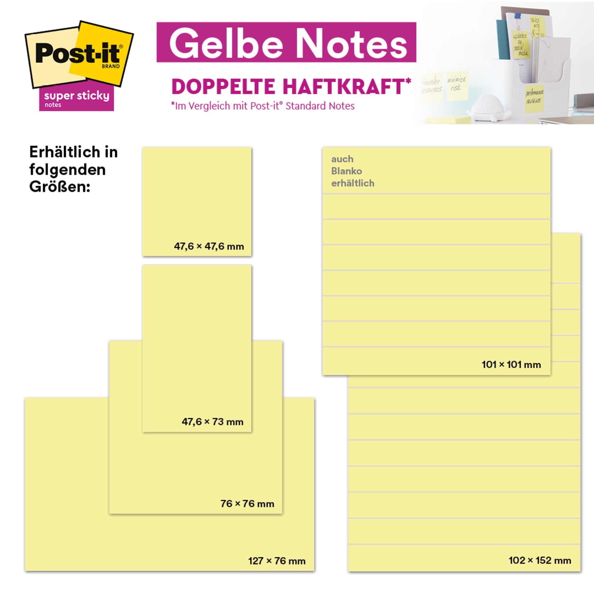 Eine Anzeige von 3M Post-it® Notes zeigt gelbe Haftnotizen (38 mm x 51 mm, 100 Blatt pro Block, 18 Blöcke + 6 gratis pro Packung), in umweltfreundlicher Kartonverpackung, PEFC-zertifiziert (SGSCH-PEFC-COC-110078), von 3M Deutschland GmbH.