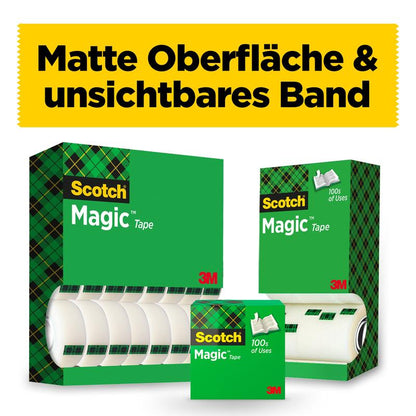 Trois boîtes vertes de ruban adhésif invisible Scotch® Magic™ de 3M Deutschland GmbH avec un design à carreaux et des rouleaux visibles sont montrées. Le pack avantage contient 8 rouleaux (19 mm x 33 m), texte : "Surface mate & ruban invisible".