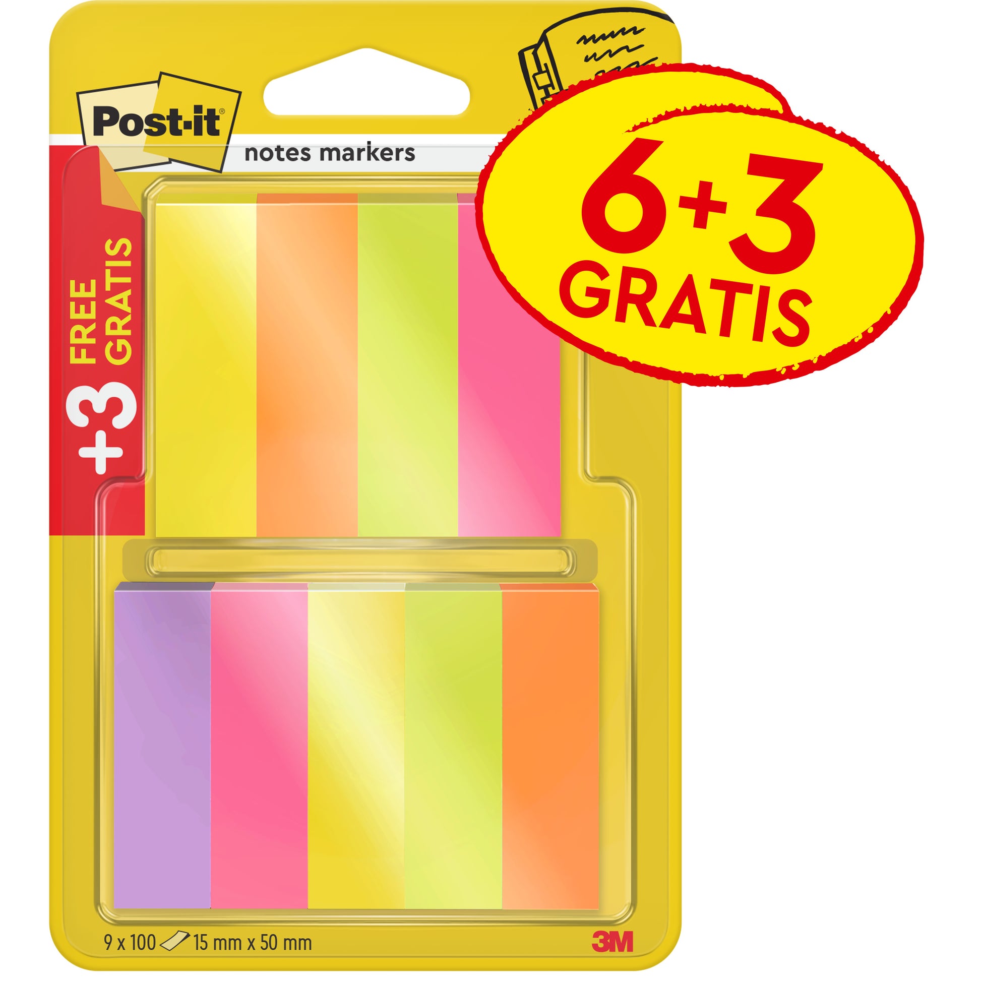 Eine Packung 3M Post-it® Page Marker (15x50mm, 100 Blatt/Block), verschiedene Farben, mit &quot;6+3 GRATIS&quot; Aktion - Sie erhalten 9 Blöcke (3 gratis). Hergestellt aus 100% PEFC-zertifiziertem Papier.