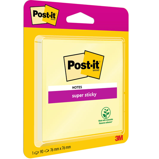 Eine Packung Post-it® Super Sticky Notes, Gelb, 76 mm x 76 mm, 90 Blatt (1 Block), von 3M Deutschland GmbH. Die Verpackung zeigt das Post-it-Logo und das grüne Blattsymbol in einem leuchtenden rosa und gelben Design. PEFC-zertifiziert.