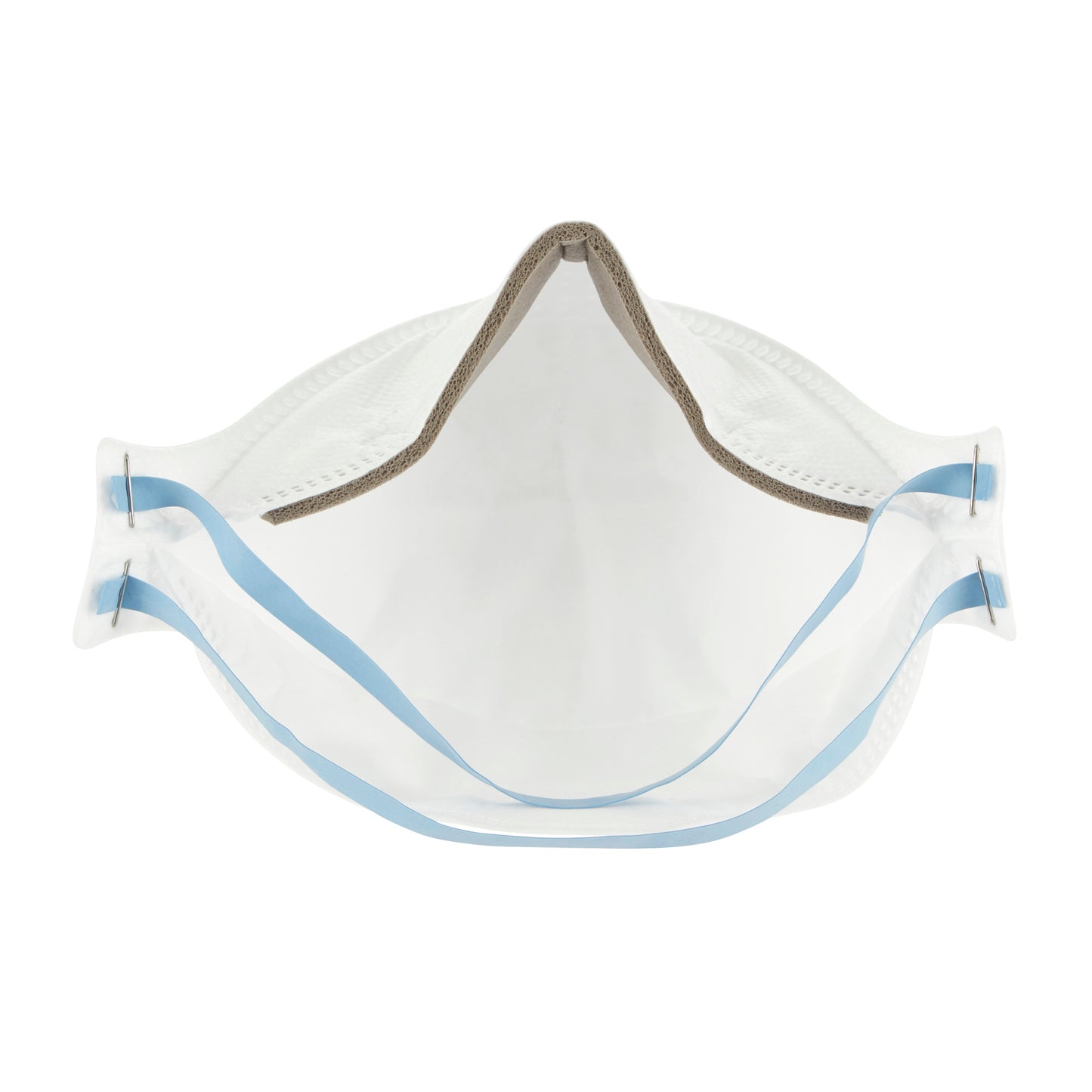Vue de face du masque de confort à particules 3M™ Aura™ 9320+ FFP2 de 3M Deutschland GmbH avec des boucles d'oreille élastiques bleues et une barrette nasale flexible le long du bord supérieur.