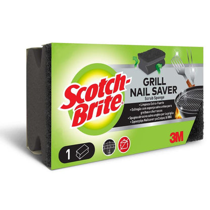 Une boîte rectangulaire de tampon à manche Scotch-Brite® de 3M Deutschland GmbH, en couleurs vert, jaune et noir, montre des images du produit et un texte indiquant qu'il est idéal pour le nettoyage des grilles et des ustensiles de barbecue ; 1 pièce par paquet.