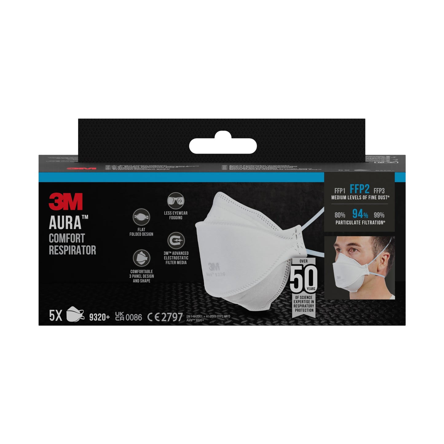 Une boîte noir-gris du masque de confort à particules 3M™ Aura™ 9320+ FFP2 (paquet de 5) de 3M Deutschland GmbH montre un masque blanc plié et un porteur, indiquant une filtration efficace.