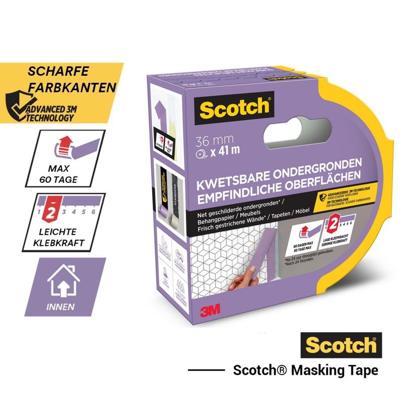 Scotch® ruban de masquage pour surfaces délicates, 36 mm x 41 m, 1 rouleau/paquet de 3M Deutschland GmbH : bords de peinture nets, adhésif léger, s'enlève sans résidus - idéal pour les intérieurs. 100% certifié PEFC. Emballage néerlandais/allemand.