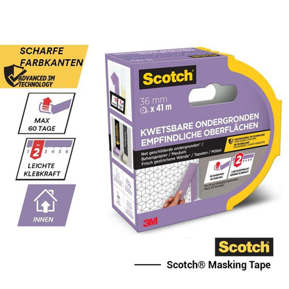 Ruban de masquage pour surfaces délicates Scotch®, 24 mm x 41 m, 1 rouleau/pack, certifié PEFC (SGSCH-PEFC-COC-110078), avec détails en allemand/néerlandais; adhérence légère, pour usage intérieur, marque 3M.