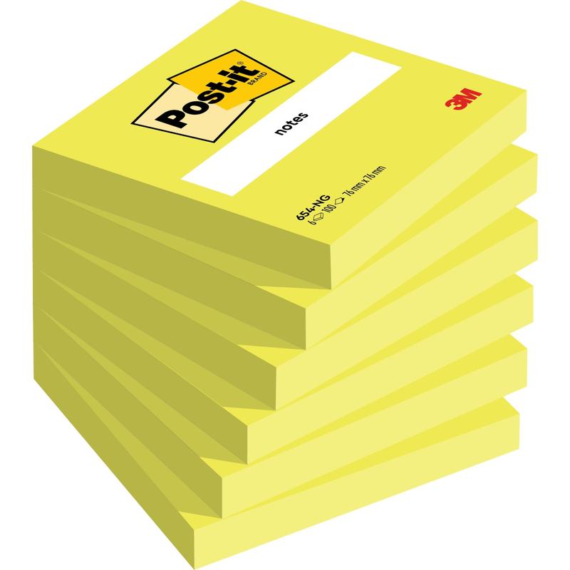 L'image montre une pile de notes Post-it® au format 76 mm x 76 mm (100% PEFC, 100 feuilles/bloc) de la 3M Deutschland GmbH, avec le bloc supérieur portant le logo Post-it et un espace pour les notes.