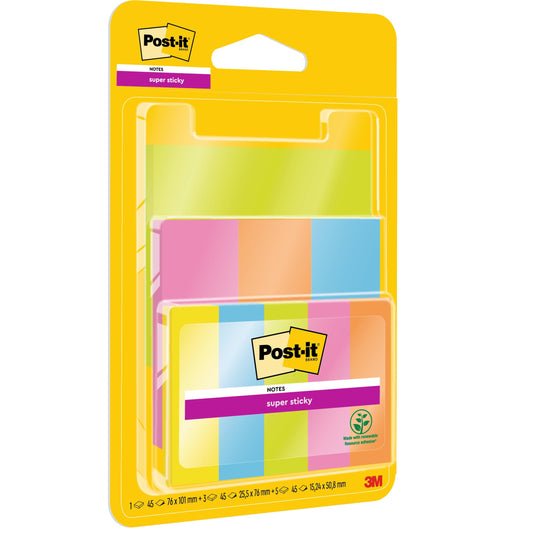 Eine gelbe Kunststoffverpackung der 3M Deutschland GmbH enthält Post-it® Super Sticky Notes, farbig, Kombipackung mit Page Markern. Enthält 9 Blöcke (je 45 Blatt) in zwei Größen, PEFC-zertifiziert. Mit dem Post-it-Logo und in vertikaler Anordnung.