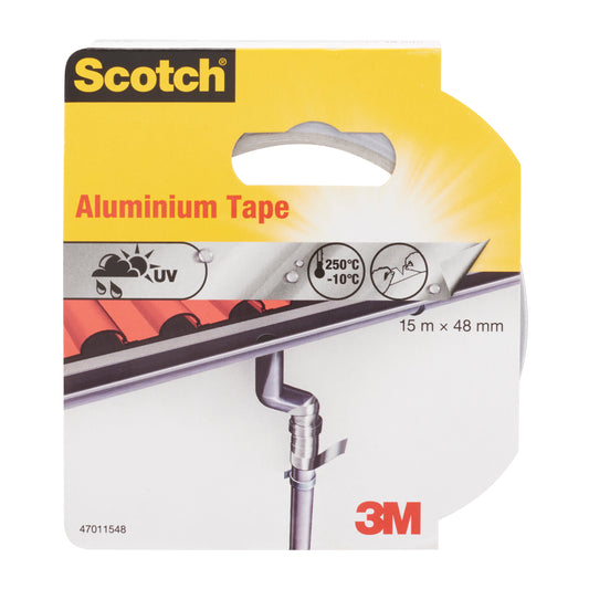 Scotch® Aluminium-Klebeband 47011548 von 3M Deutschland GmbH (48mm x 15m, Silber) bietet Witterungsbeständigkeit, einen Temperaturbereich von -10°C bis 250°C, UV-Schutz und eignet sich hervorragend als Reparaturband für vielfältige Anwendungen. Das 3M Logo befindet sich unten rechts.