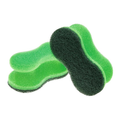 Deux éponges de nettoyage Scotch-Brite® Classic de 3M Deutschland GmbH avec une forme de sablier et une surface abrasive vert foncé sont empilées sur un fond blanc.