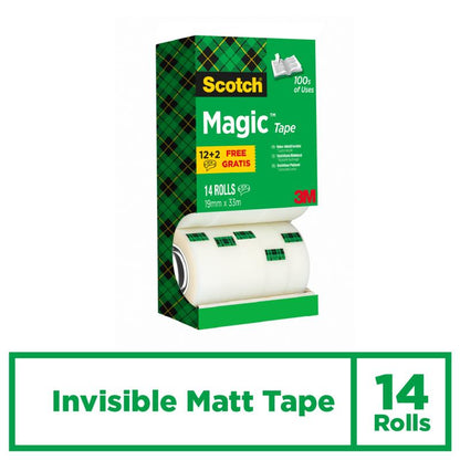 Le pack avantage contient 14 rouleaux de Scotch® Magic™ Ruban Invisible (19 mm x 33 m) de 3M Deutschland GmbH dans une boîte verte à motif tartan avec l'indication "Invisible Matt Tape" ainsi que "14 Rolls".