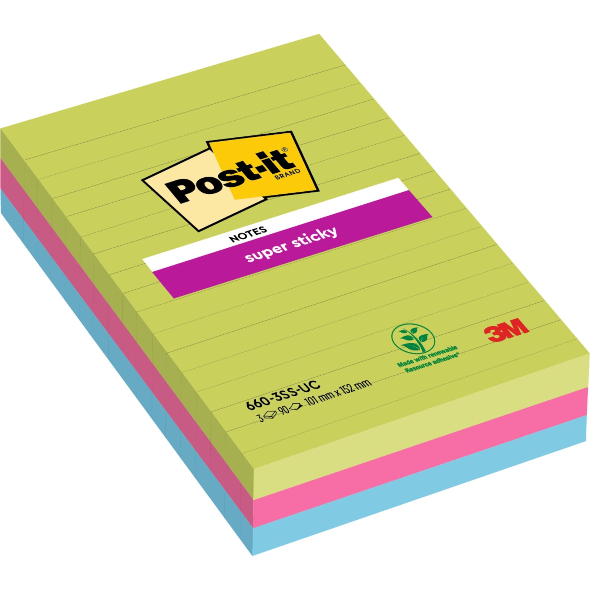 Eine Packung 3M Deutschland GmbH Post-it® Super Sticky Notes im Großformat: liniert, farblich sortiert, 101 x 152 mm, 90 Blatt/Block, 3 Blöcke/Packung. Mit PEFC (SGSCH-PEFC-COC-110078) Öko-Label auf der Verpackung.