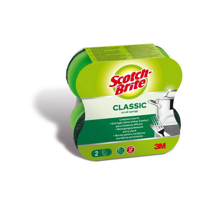 Un emballage de l'éponge de nettoyage Scotch-Brite® Classic de 3M Deutschland GmbH présente deux éponges vertes et jaunes, des informations produit multilingues et une illustration de vaisselle propre.