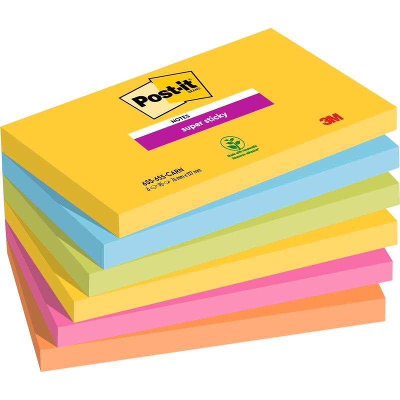 Une pile de six 3M Post-it® Super Sticky Notes (76 mm x 127 mm, 90 feuilles/bloc, 100% PEFC) en jaune, vert, bleu, violet, rose et orange ; la couverture jaune montre le logo et les détails du produit.