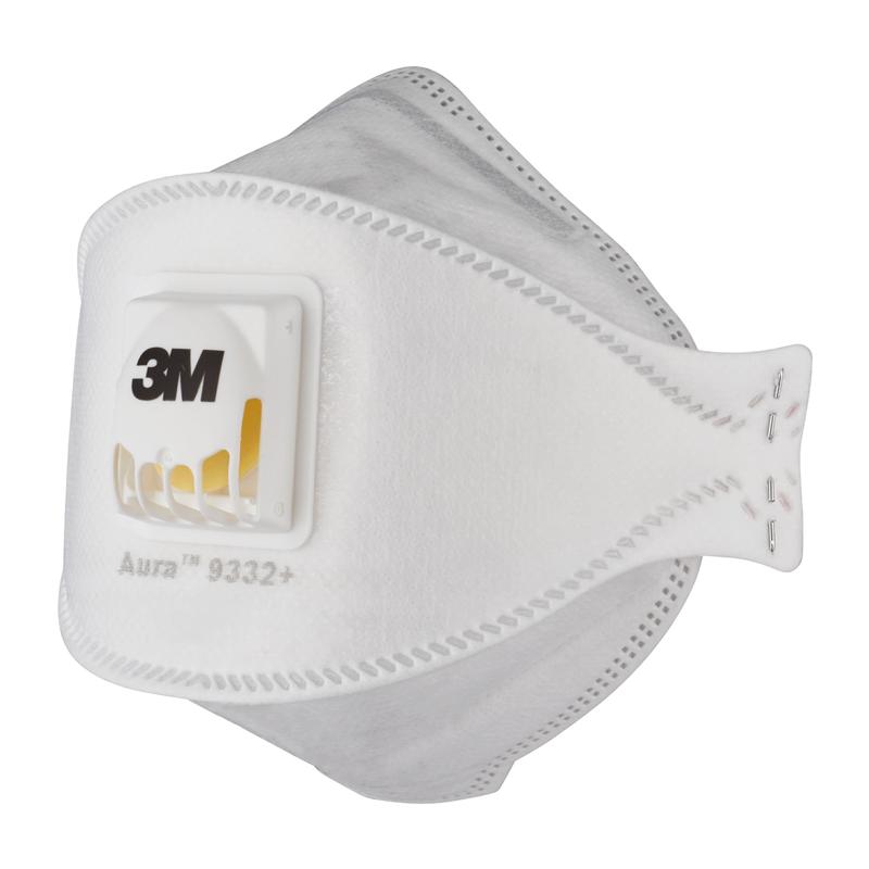 Le masque respiratoire à particules 3M™ Aura™ Comfort Cool Flow™ 9332+, FFP3, avec valve de 3M Deutschland GmbH est blanc avec une valve jaune, dispose d'une construction multicouche et de coutures visibles et est conçu pour s'adapter en toute sécurité sur le nez et la bouche.