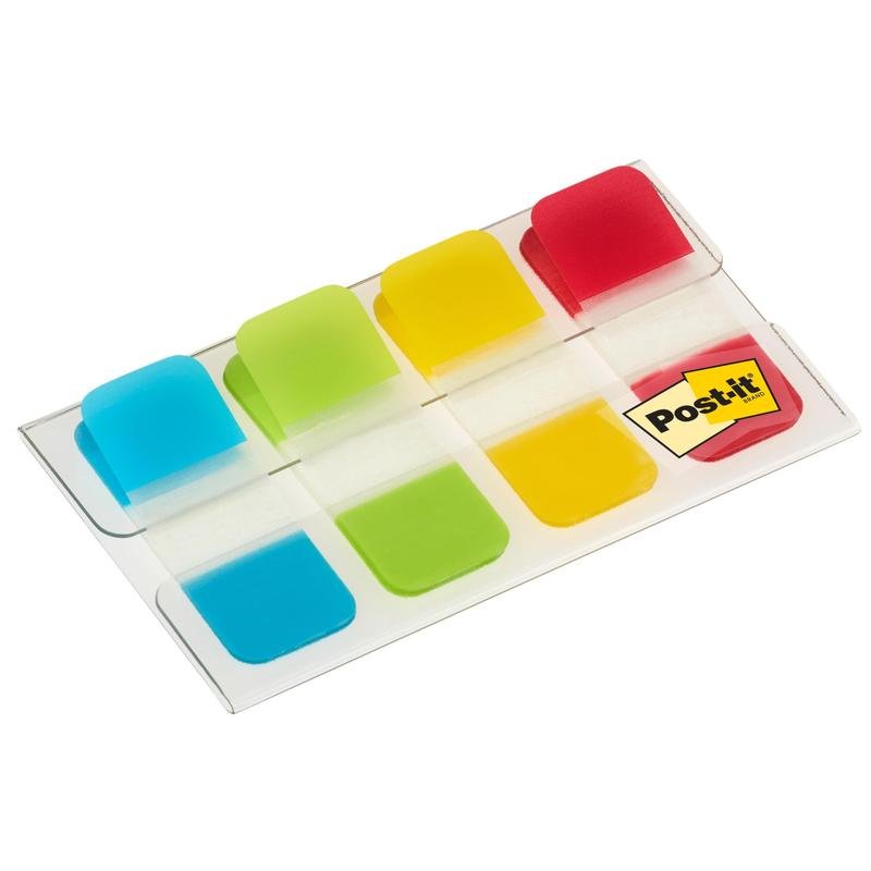 Un paquet d'onglets de classement Post-it® Index Strong, Mini (Jaune, Rouge, Bleu, Vert), 15,8 mm x 38,1 mm, 40 bandes adhésives/distributeur de 3M Deutschland GmbH - idéal pour organiser des documents.