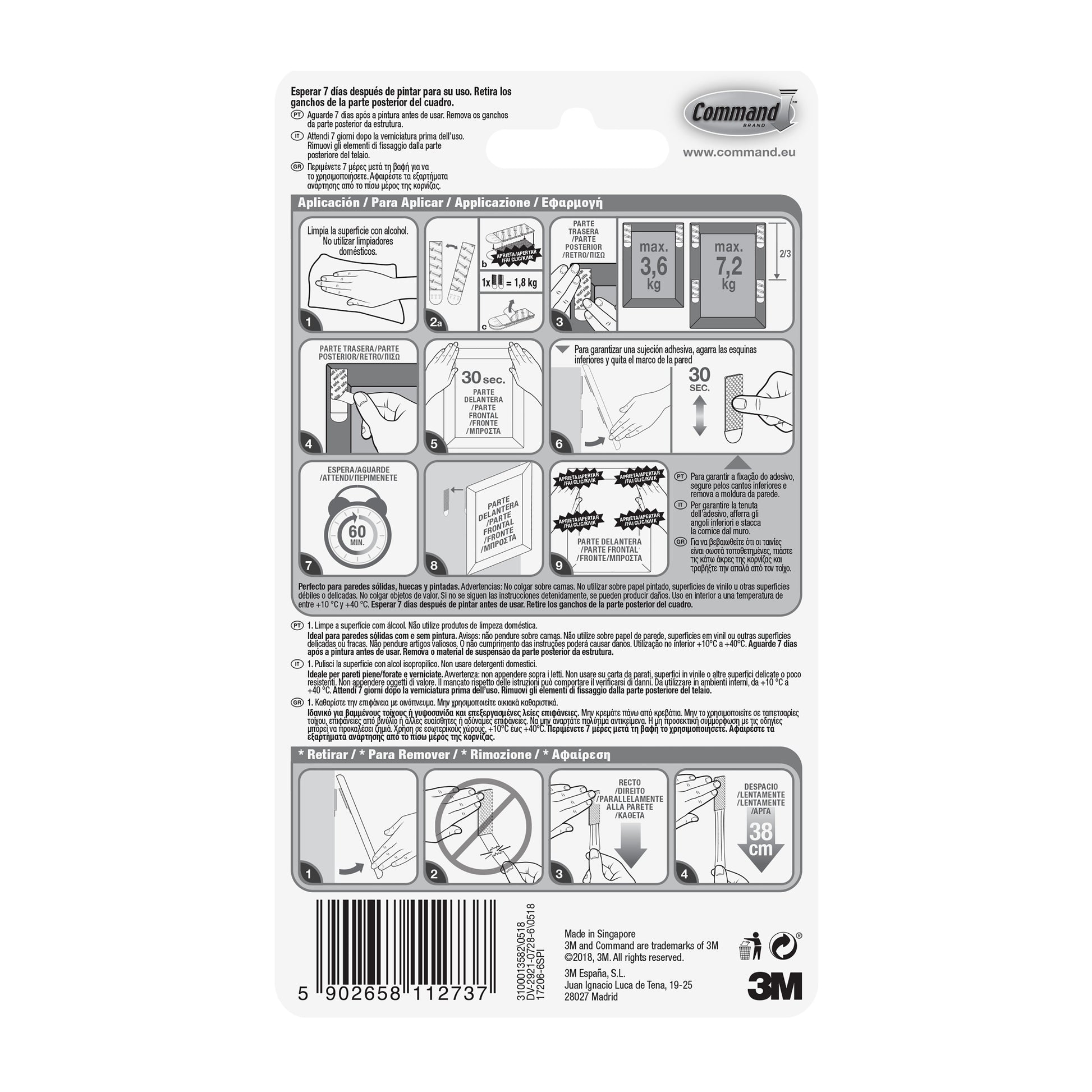 Rückseite der 3M Deutschland GmbH Große Command™ Bilder-Montage Strips L, 6 Sets, zeigt Anbringungs-/Entfernungsschritte in Englisch, Spanisch und Französisch mit Diagrammen, Gewichtsgrenzen, Herstellerinformationen und Barcode am unteren Rand.