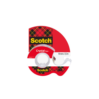 Das Scotch® Crystal Klebeband (19 mm x 7,5 m) der 3M Deutschland GmbH kommt in einem Handabroller aus Kunststoff mit roter Verpackung und gelb-schwarz kariertem Design. Das Etikett zeigt die Größe an und trägt das 3M-Logo. Enthält eine Rolle.