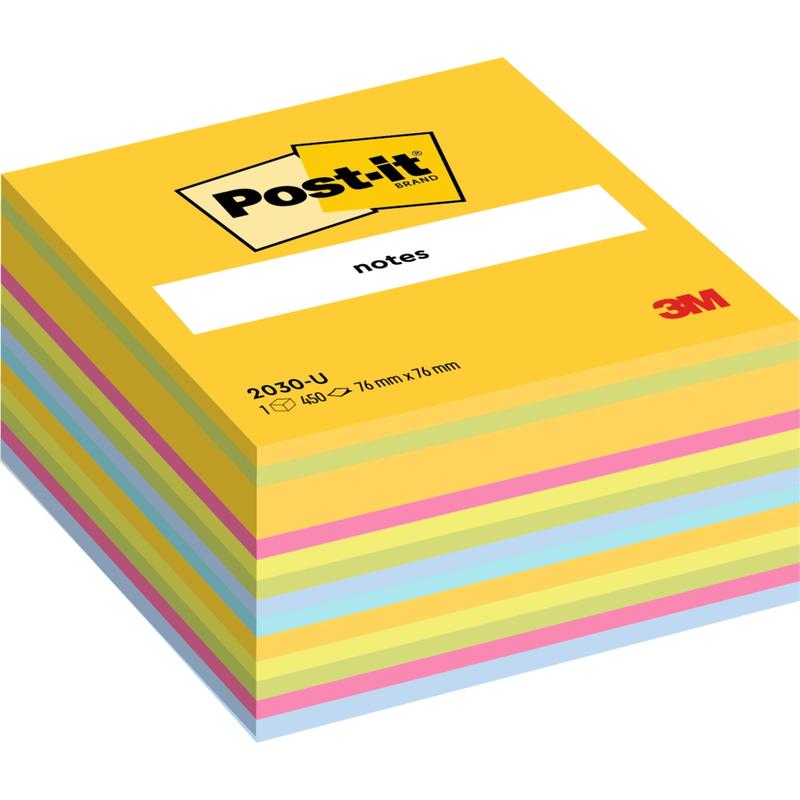 Un cube de notes Post-it® Ultra-Couleurs (76x76 mm, 450 feuilles, 1 bloc), de 3M Deutschland GmbH, a une couverture jaune avec le logo Post-it - idéal comme bloc-notes coloré. 100% certifié PEFC (SGSCH-PEFC-COC-110078).