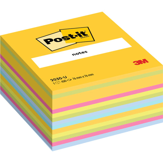 Ein Stapel Post-it® Notes Würfel, Ultra-Farben (76x76 mm, 450 Blatt, 1 Block), von 3M Deutschland GmbH, hat ein gelbes Deckblatt mit dem Post-it Logo - ideal als farbenfroher Notizblock. 100% PEFC zertifiziert (SGSCH-PEFC-COC-110078).